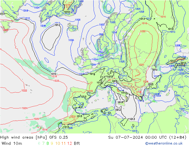 Windvelden GFS 0.25 zo 07.07.2024 00 UTC