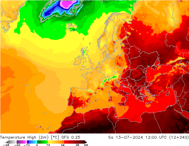 Temperature High (2m) GFS 0.25 星期六 13.07.2024 12 UTC