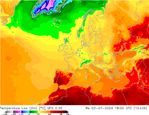 Temperature Low (2m) GFS 0.25 星期三 03.07.2024 18 UTC