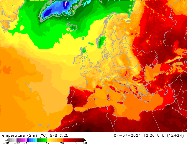 Temperatuurkaart (2m) GFS 0.25 do 04.07.2024 12 UTC