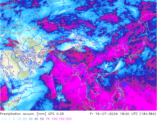 Totale neerslag GFS 0.25 vr 19.07.2024 18 UTC