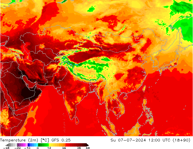 Temperatuurkaart (2m) GFS 0.25 zo 07.07.2024 12 UTC