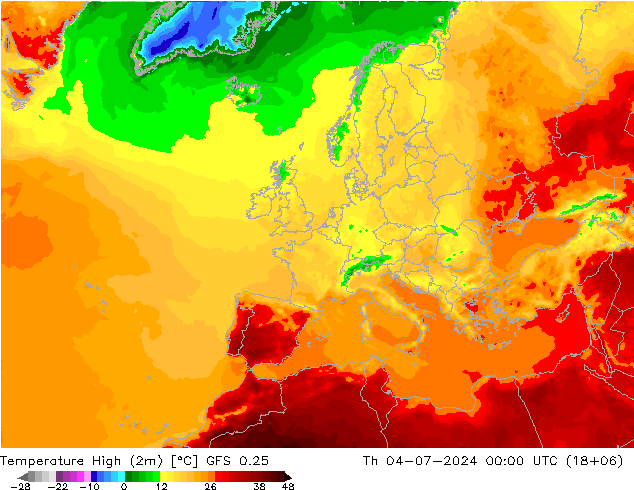 Temperature High (2m) GFS 0.25 星期四 04.07.2024 00 UTC