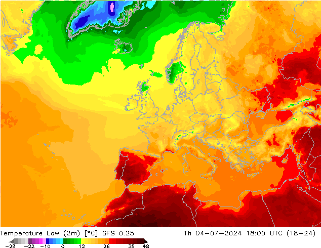 Min.temperatuur (2m) GFS 0.25 do 04.07.2024 18 UTC
