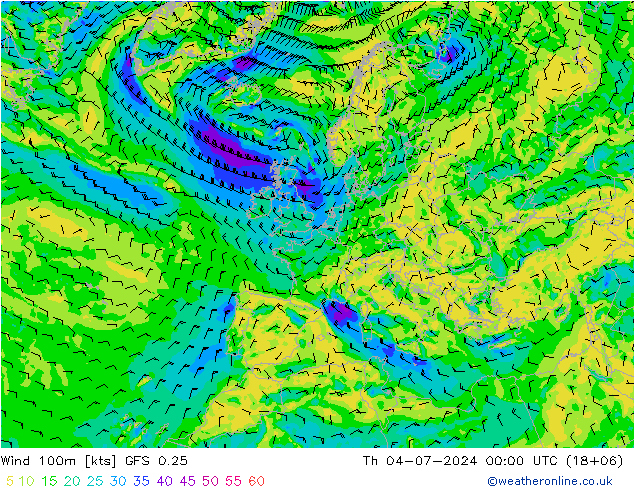 风 100m GFS 0.25 星期四 04.07.2024 00 UTC