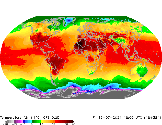Temperatuurkaart (2m) GFS 0.25 vr 19.07.2024 18 UTC