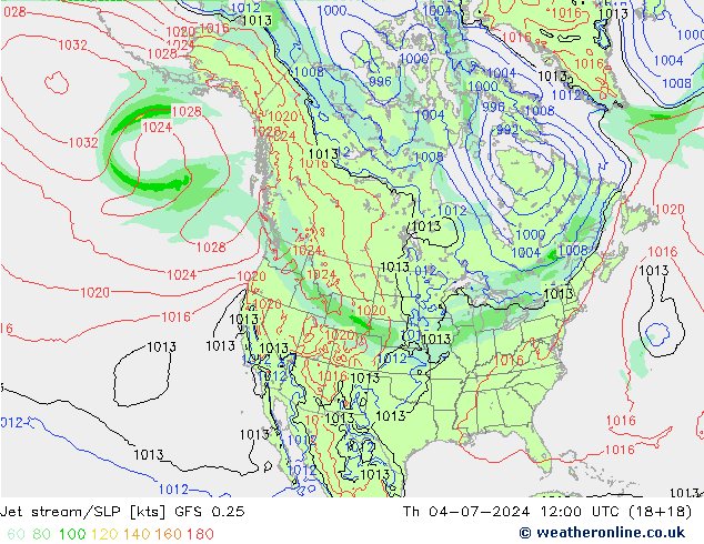 高速氣流/地面气压 GFS 0.25 星期四 04.07.2024 12 UTC