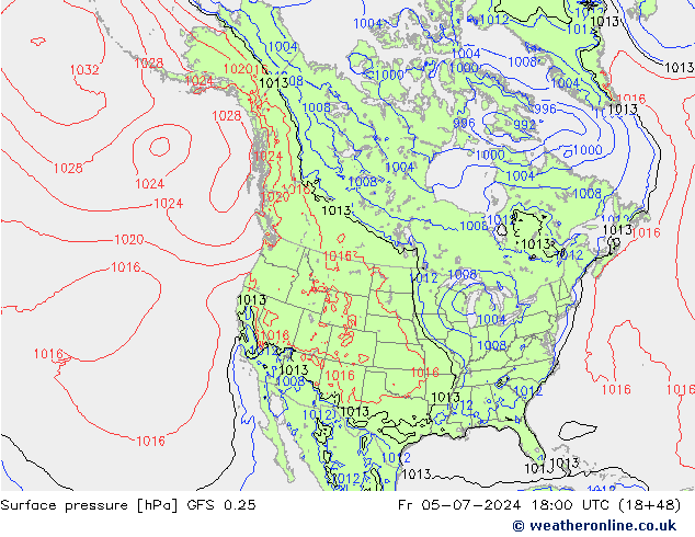 地面气压 GFS 0.25 星期五 05.07.2024 18 UTC