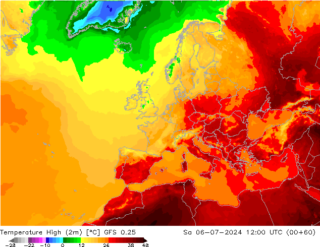 Max.temperatuur (2m) GFS 0.25 za 06.07.2024 12 UTC
