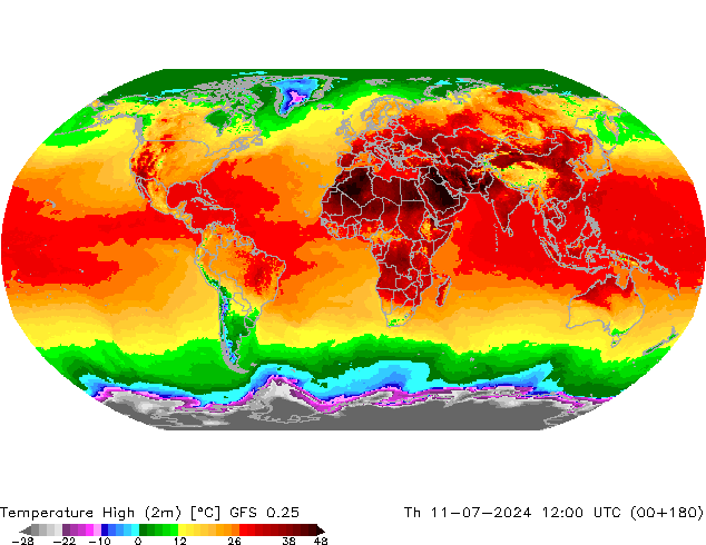 Temperature High (2m) GFS 0.25 星期四 11.07.2024 12 UTC