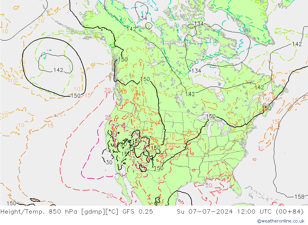 Z500/Rain (+SLP)/Z850 GFS 0.25 星期日 07.07.2024 12 UTC