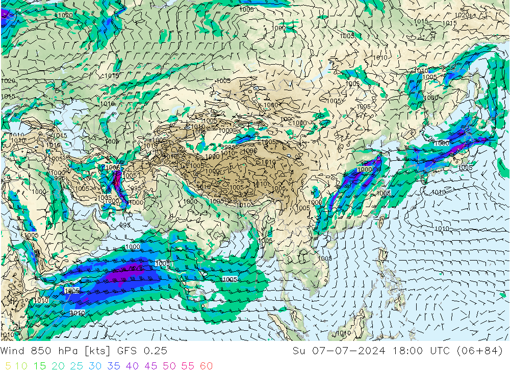 Wind 850 hPa GFS 0.25 zo 07.07.2024 18 UTC