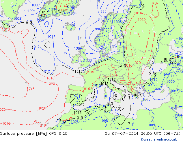 地面气压 GFS 0.25 星期日 07.07.2024 06 UTC