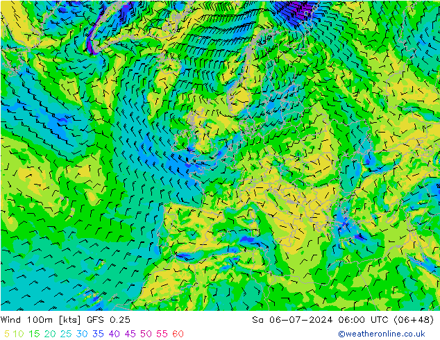 Wind 100m GFS 0.25 za 06.07.2024 06 UTC