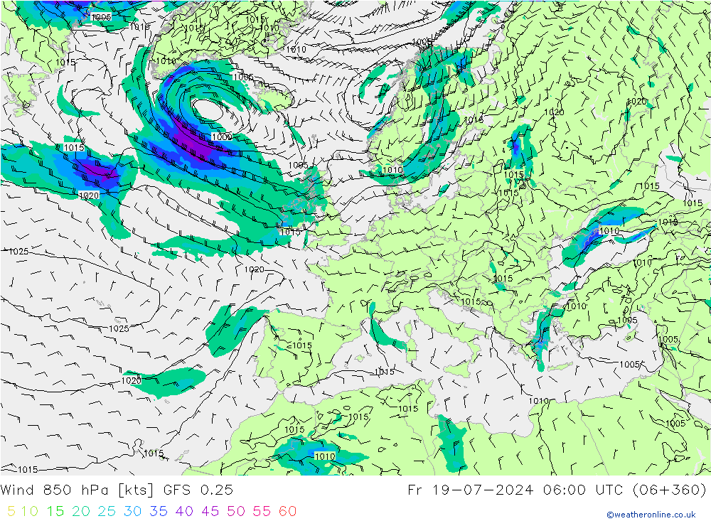 风 850 hPa GFS 0.25 星期五 19.07.2024 06 UTC