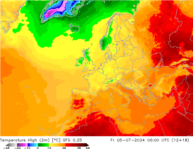 Temperature High (2m) GFS 0.25 星期五 05.07.2024 06 UTC