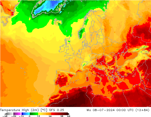 Temperature High (2m) GFS 0.25 星期一 08.07.2024 00 UTC