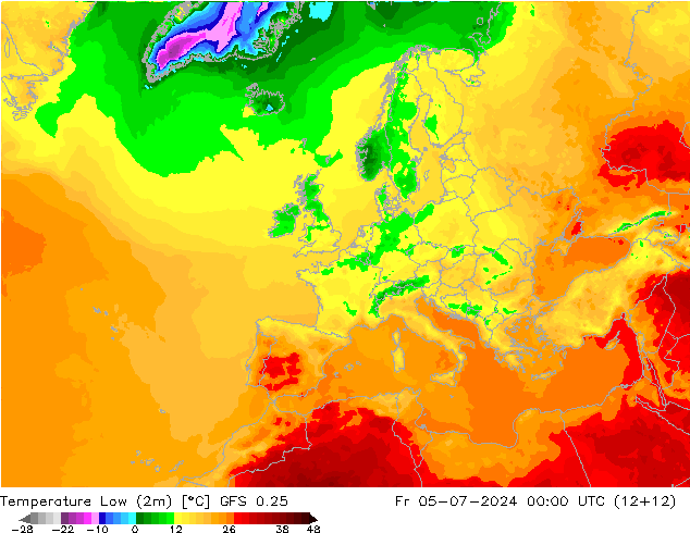 Temperature Low (2m) GFS 0.25 星期五 05.07.2024 00 UTC