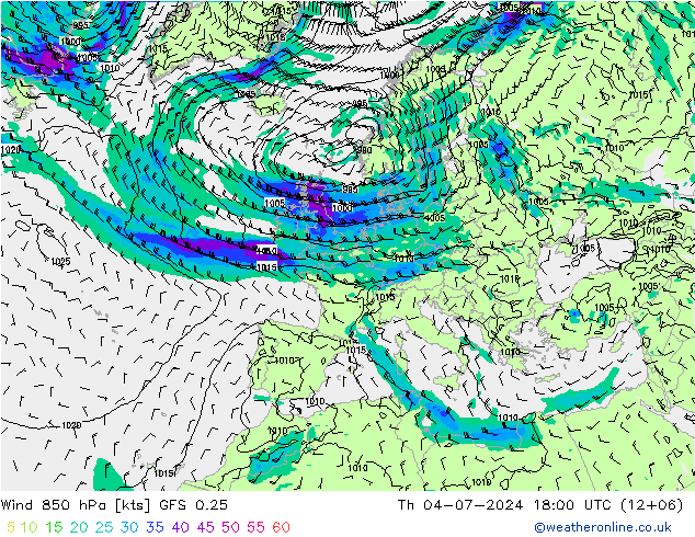 风 850 hPa GFS 0.25 星期四 04.07.2024 18 UTC