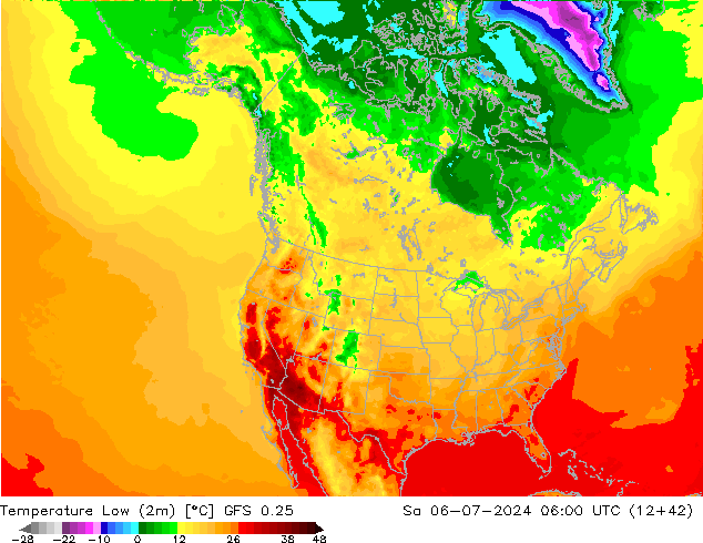 Temperature Low (2m) GFS 0.25 星期六 06.07.2024 06 UTC