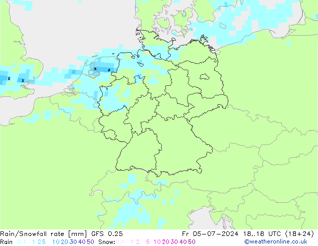 Rain/Snowfall rate GFS 0.25 星期五 05.07.2024 18 UTC