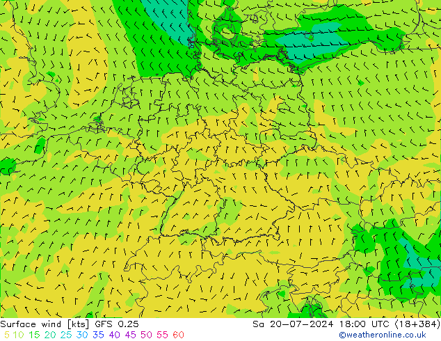 Wind 10 m GFS 0.25 za 20.07.2024 18 UTC
