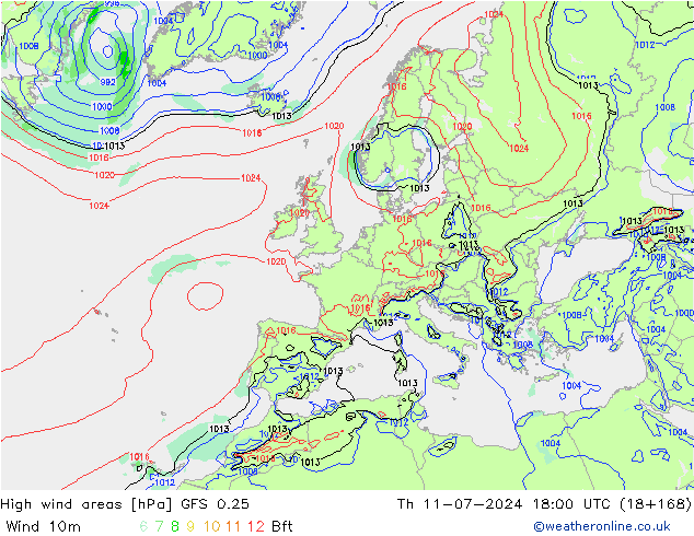 High wind areas GFS 0.25 星期四 11.07.2024 18 UTC