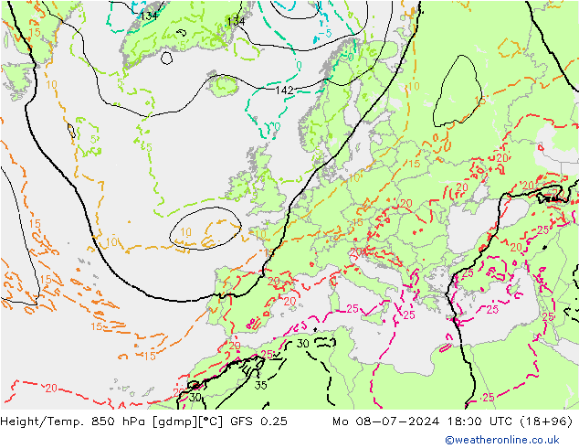 Z500/Rain (+SLP)/Z850 GFS 0.25 星期一 08.07.2024 18 UTC