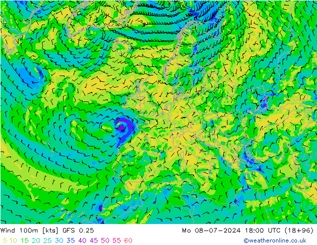 风 100m GFS 0.25 星期一 08.07.2024 18 UTC