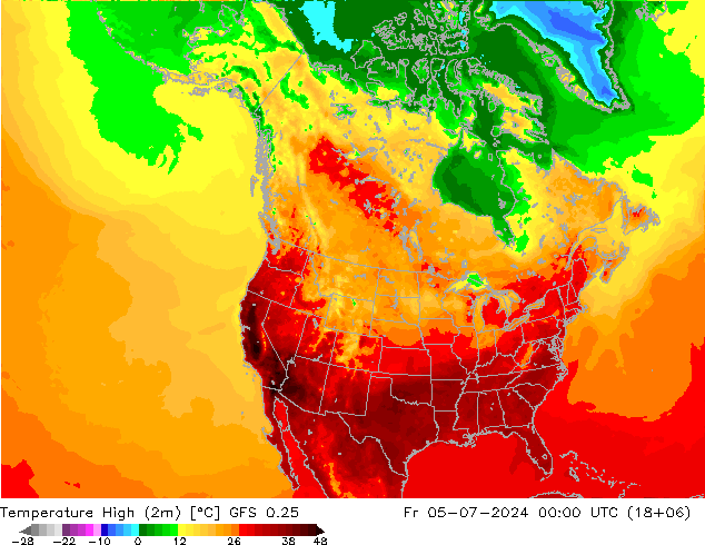 Temperature High (2m) GFS 0.25 星期五 05.07.2024 00 UTC