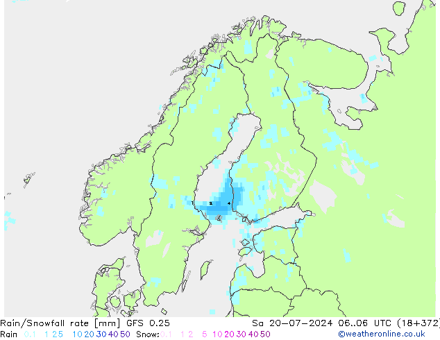 Rain/Snowfall rate GFS 0.25 星期六 20.07.2024 06 UTC