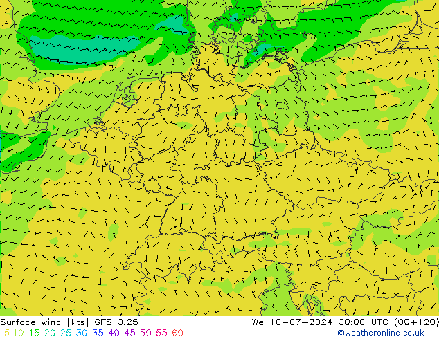 风 10 米 GFS 0.25 星期三 10.07.2024 00 UTC