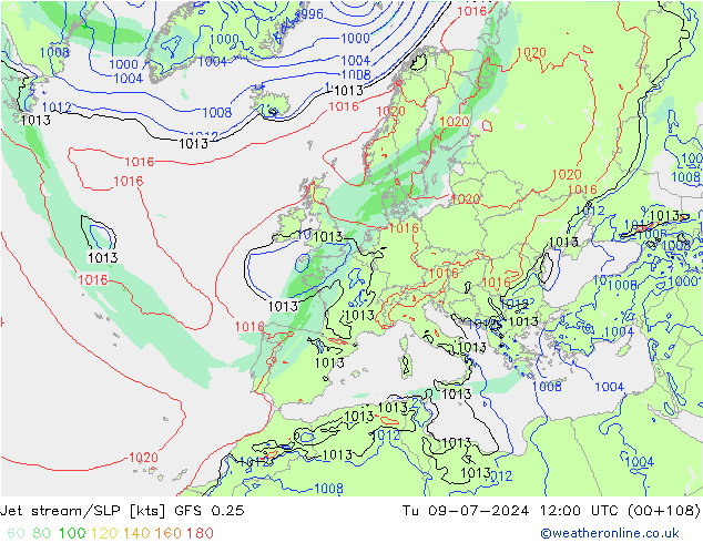 高速氣流/地面气压 GFS 0.25 星期二 09.07.2024 12 UTC