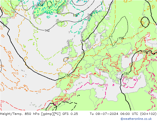 Z500/Rain (+SLP)/Z850 GFS 0.25 星期二 09.07.2024 06 UTC