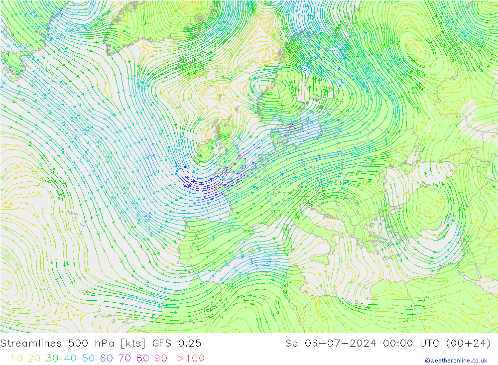 风 500 hPa GFS 0.25 星期六 06.07.2024 00 UTC