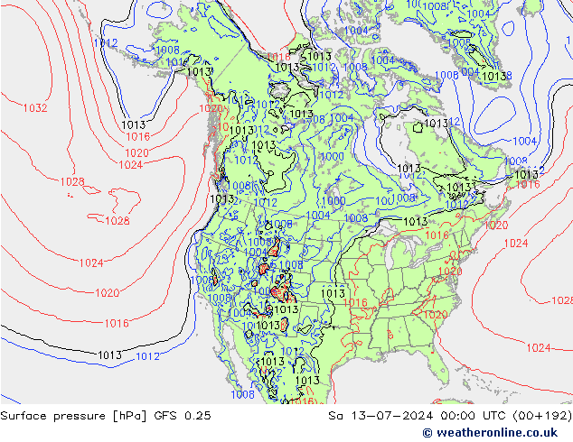地面气压 GFS 0.25 星期六 13.07.2024 00 UTC
