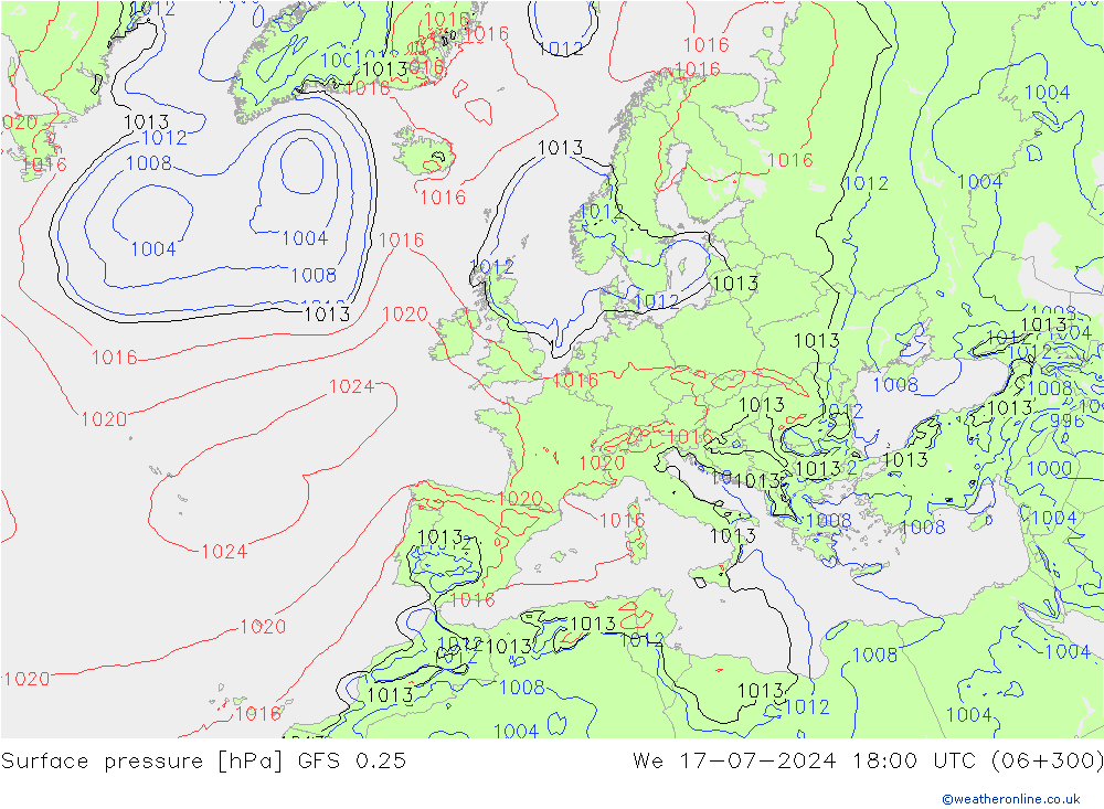 地面气压 GFS 0.25 星期三 17.07.2024 18 UTC