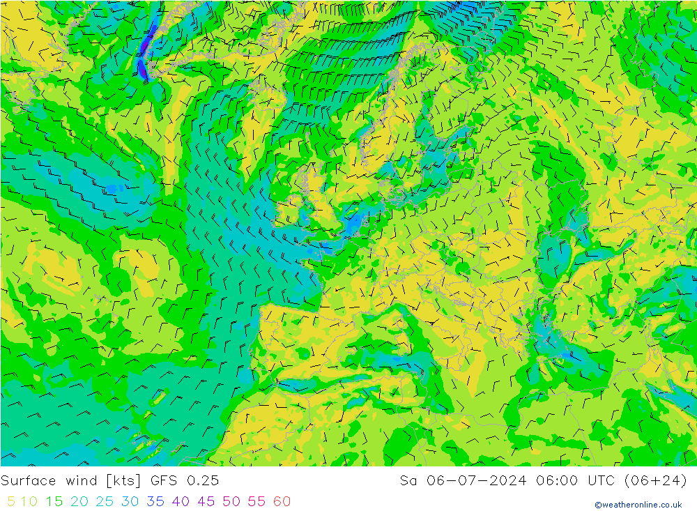 Wind 10 m GFS 0.25 za 06.07.2024 06 UTC