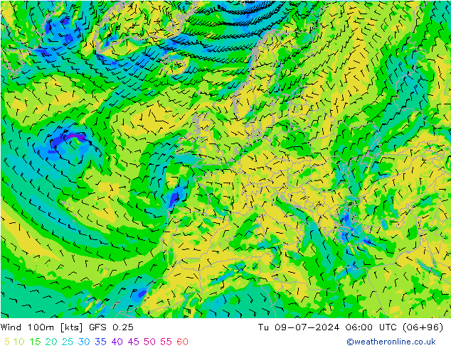 Wind 100m GFS 0.25 di 09.07.2024 06 UTC