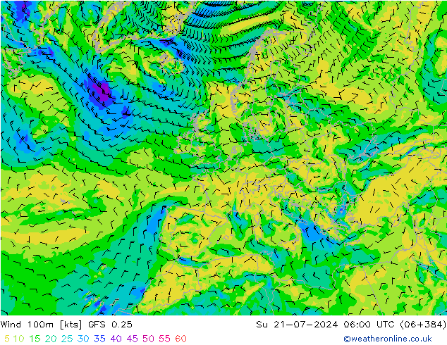 Wind 100m GFS 0.25 zo 21.07.2024 06 UTC