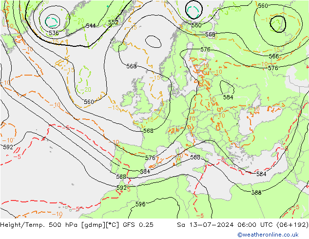 Z500/Rain (+SLP)/Z850 GFS 0.25 星期六 13.07.2024 06 UTC