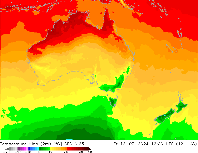 Max.temperatuur (2m) GFS 0.25 vr 12.07.2024 12 UTC