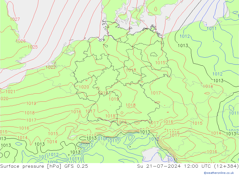 Luchtdruk (Grond) GFS 0.25 zo 21.07.2024 12 UTC