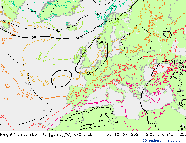 Z500/Rain (+SLP)/Z850 GFS 0.25 星期三 10.07.2024 12 UTC