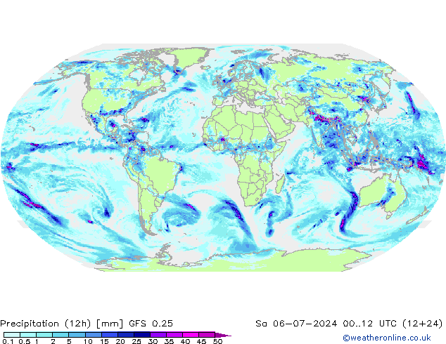 Totale neerslag (12h) GFS 0.25 za 06.07.2024 12 UTC