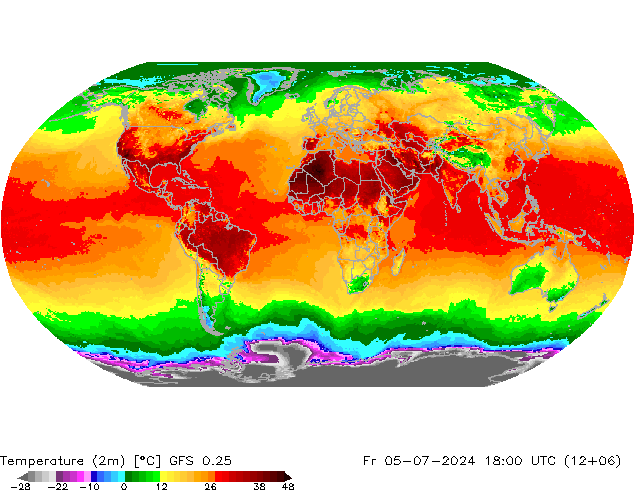 Temperatuurkaart (2m) GFS 0.25 vr 05.07.2024 18 UTC
