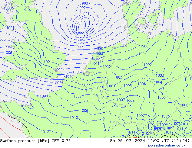 地面气压 GFS 0.25 星期六 06.07.2024 12 UTC