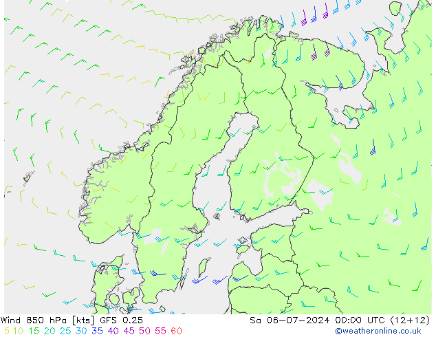 风 850 hPa GFS 0.25 星期六 06.07.2024 00 UTC