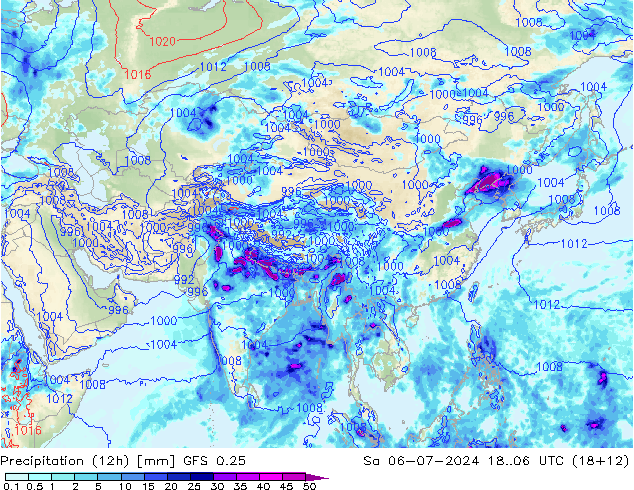 Totale neerslag (12h) GFS 0.25 za 06.07.2024 06 UTC