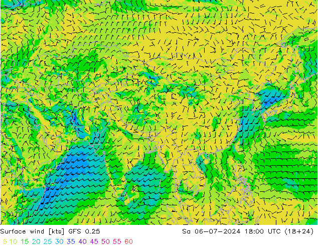Wind 10 m GFS 0.25 za 06.07.2024 18 UTC
